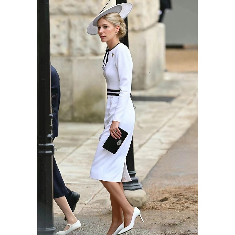 Dress Mother of the Bride Dress Elegant Vintage Casual Crew Neck Tea Length Stretch Fabric Long Sleeve with Bow(s)