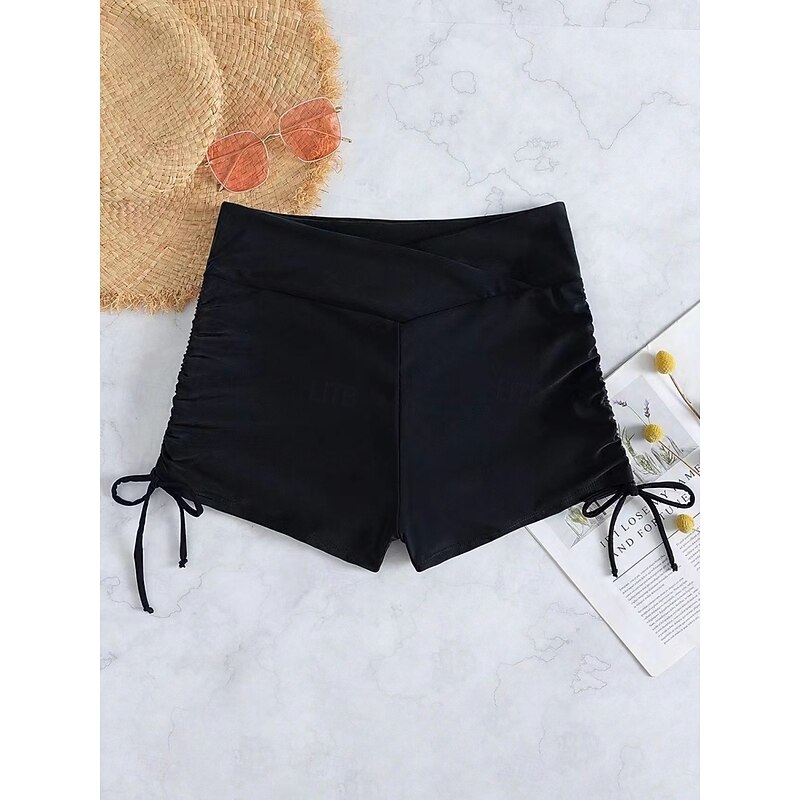 Women's Swimsuits Stretchy Boxer Shorts Swimsuit High Waist Vacation Beach Wear Solid Color Sleeveless Bathing Suits3
