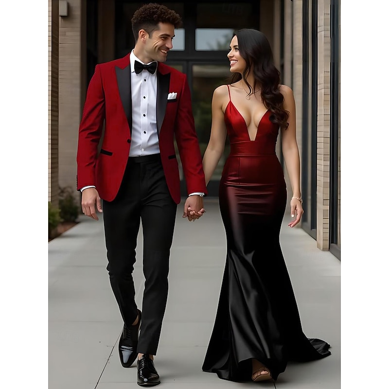 Men's Wedding Prom Party Suits Peaked Lapel Red Grape Fashion Formal Solid Colored Standard Fit 2 Piece Single Breasted One-button