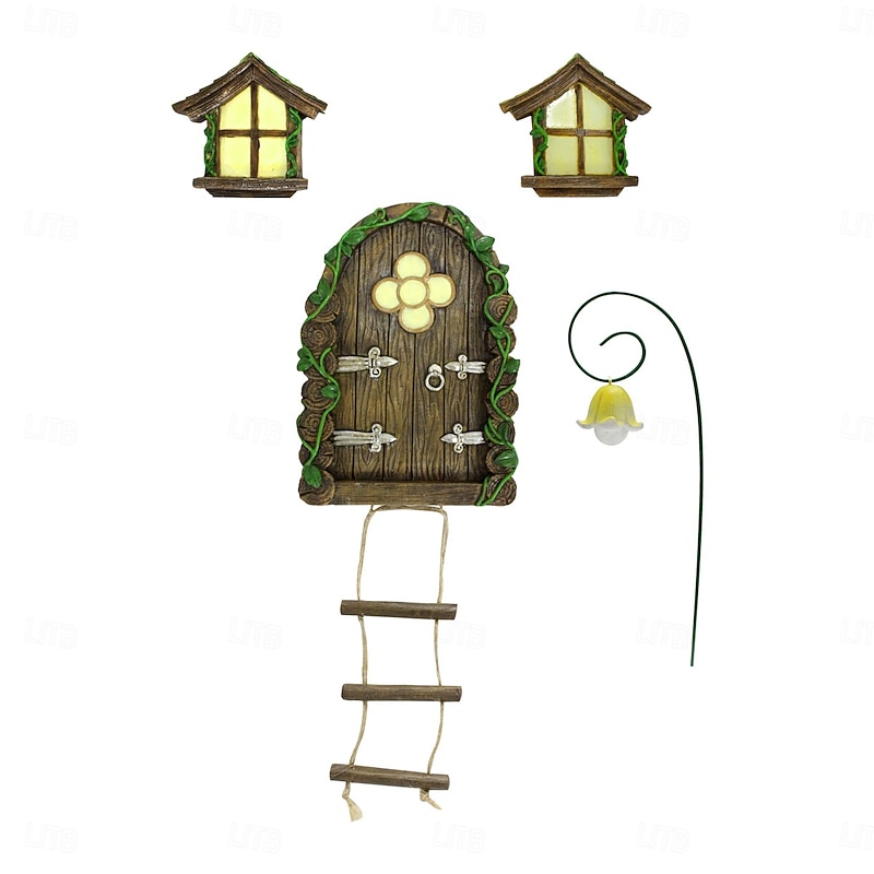 Resin Fairy Door & Window Set with Glow in The Dark Windows, Miniature Sculpture for Trees, Outdoor Decor Accessories3