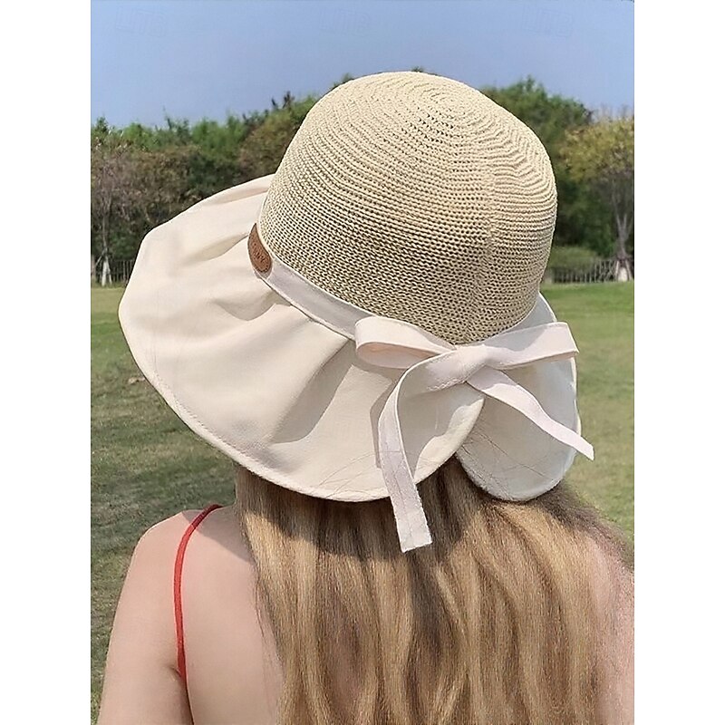 Women's Wide Brim Straw Sun Hat - Foldable UV Protection Soft Brim Beach Hat with Bow Decoration, Elegant Summer Hat for Vacation, Outdoor and Travel