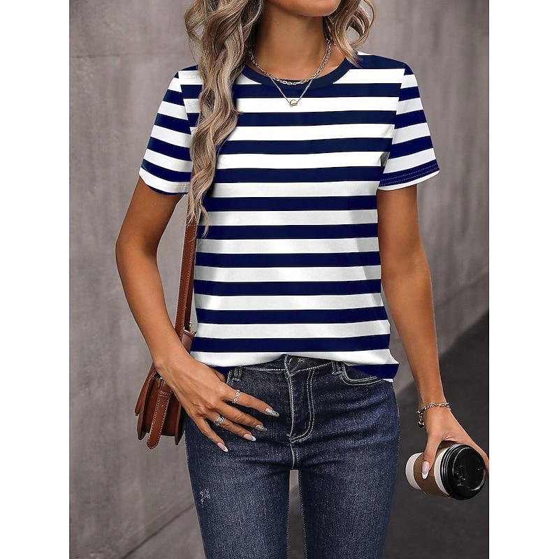 Women's T Shirt Graphic Striped Stylish Casual Short Sleeve Round Neck Regular Tops Daily Weekend Print Navy Blue Summer Spring