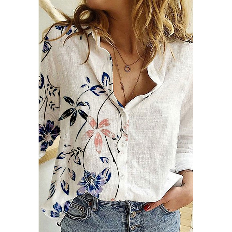 Women's Shirt Blouse Butterfly Flower Modern Casual Long Sleeve Shirt Collar Regular Tops Holiday Going out Buttons Print White Blue Khaki Beige Light Blue Summer3