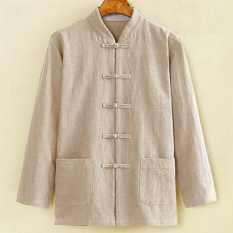 Men's Shirt Linen Shirt Casual Shirt Button Up Shirt Cotton Shirt Plain Vacation Hawaiian Black Navy Blue Khaki Long Sleeve Band Collar Spring Clothing Apparel Front Pocket