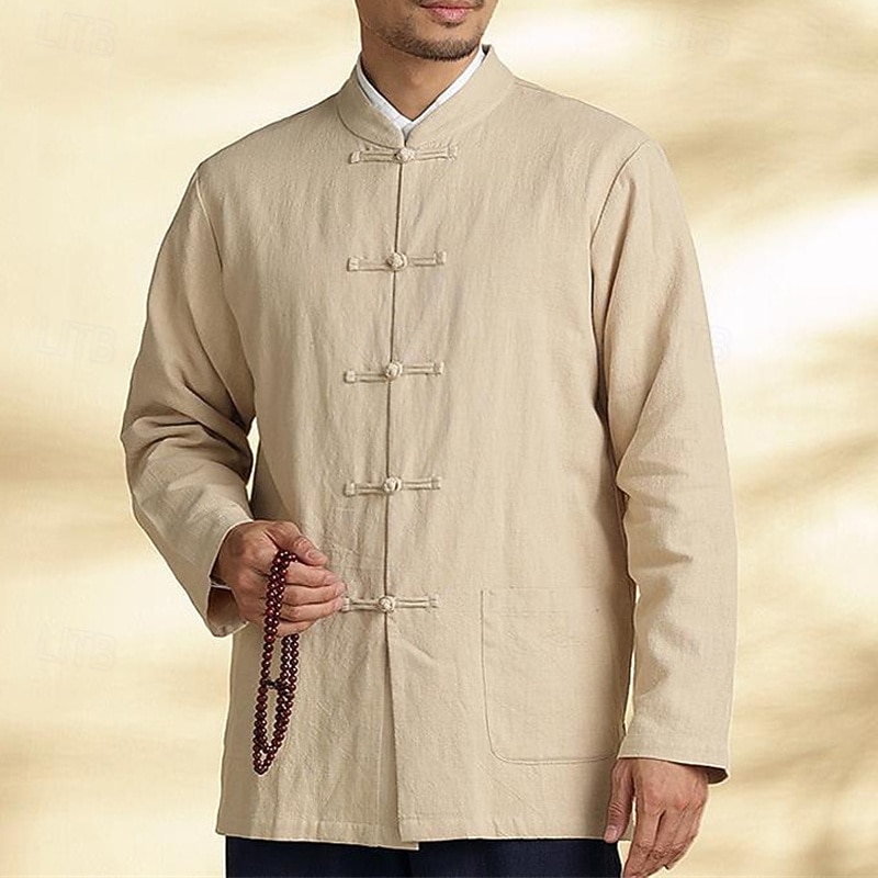 Men's Shirt Linen Shirt Casual Shirt Button Up Shirt Cotton Shirt Plain Vacation Hawaiian Black Navy Blue Khaki Long Sleeve Band Collar Spring Clothing Apparel Front Pocket2