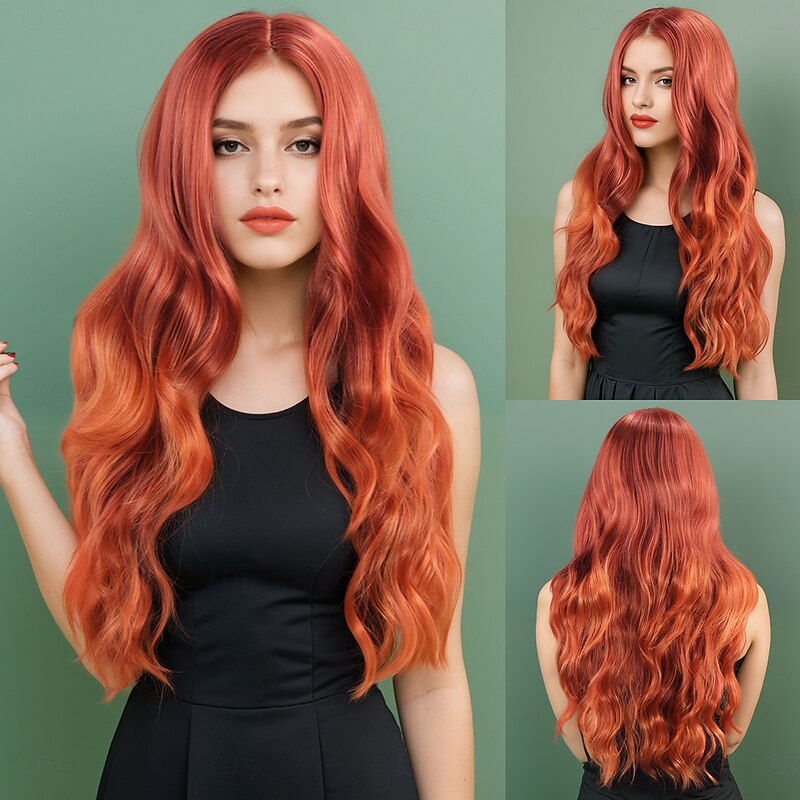 Synthetic Wig Wavy Curly Weave Layered Haircut With Bangs Machine Made Wig 28 inch A1 Synthetic Hair Women's Classic Comfortable Color Gradient Multi-color