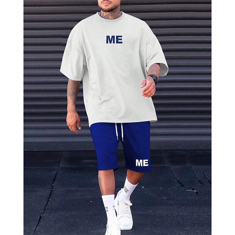Men's Tracksuit Outfit Set Shorts Crew Neck Outdoor Daily Sports Pocket Drawstring 2 Piece Color Block Letter Black White Blue Polyester Activewear Classic Casual Summer2