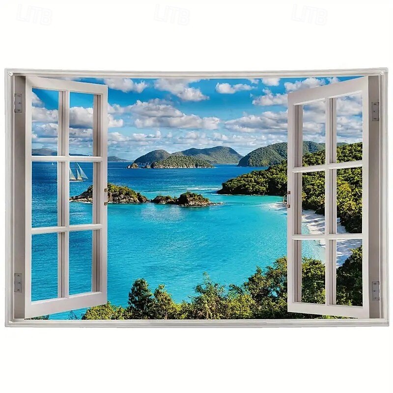 Landscape Ocean Window View Hanging Tapestry Wall Art Large Tapestry Mural Decor Photograph Backdrop Blanket Curtain Home Bedroom Living Room Decoration4