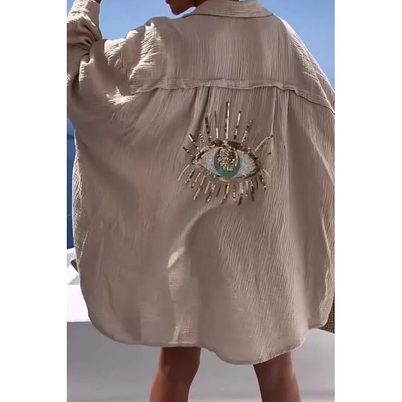 Women's Shirt Cotton Linen Shirts Linen Shirt Button Up Flower Daily Casual Long Sleeve Shirt Collar Regular Tops Daily Holiday Going out Buttons Black White Apricot Spring