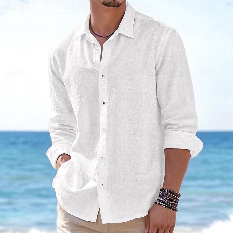 Men's Shirt Linen Shirt Summer Shirt Beach Wear Button Up Shirt Untucked Shirts Plain Vacation Casual Black White Pink Navy Blue Long Sleeve Turndown Summer Spring & Summer Clothing Apparel