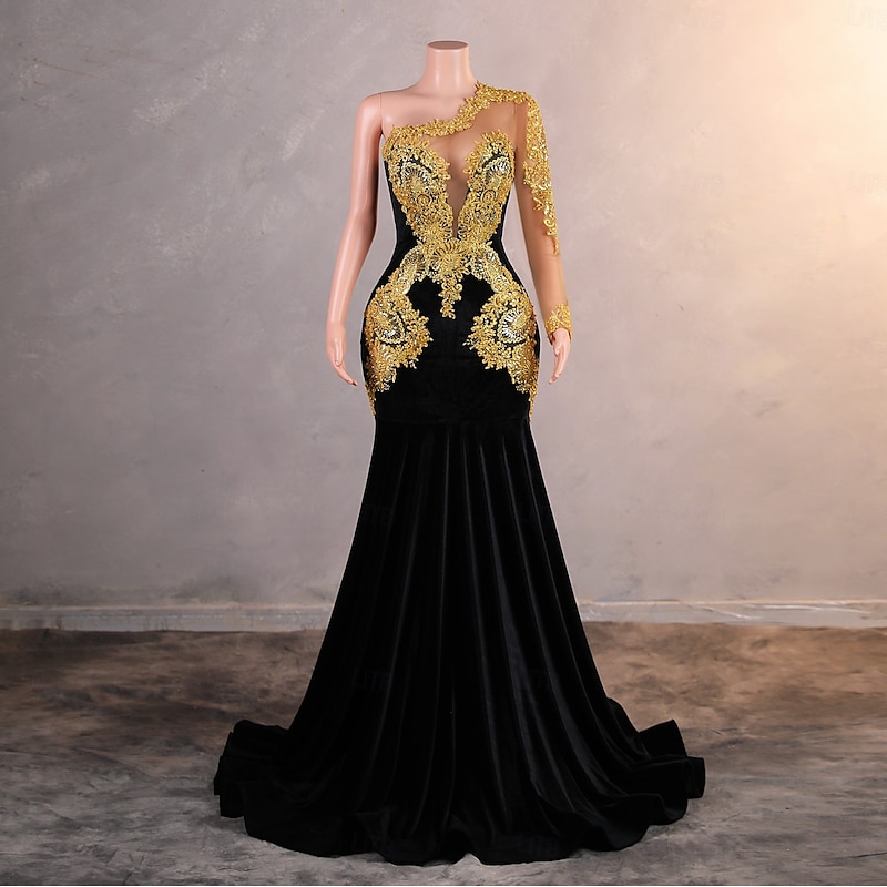 Mermaid / Trumpet Evening Gown Elegant Dress Formal Prom Court Train Long Sleeve One Shoulder Velvet with Pearls Appliques