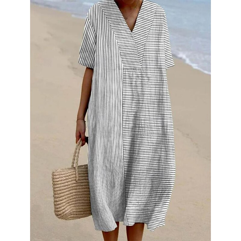 Women's Midi Dress Sundress Vacation Casual Beach Daily Going out Loose Fit Graphic Stripe Short Sleeve V Neck Ash Summer