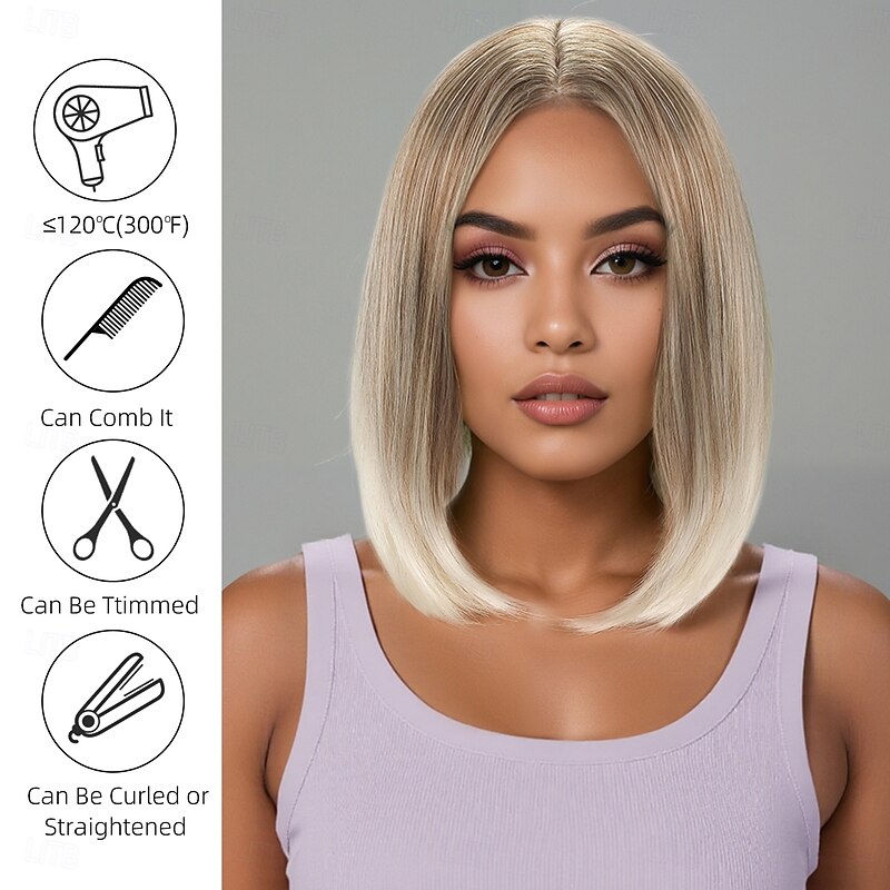 Synthetic Wig Straight Natural Straight Middle Part With Bangs Machine Made Wig 14 inch A1 Synthetic Hair Women's Middle Part Classic Comfortable Blonde2