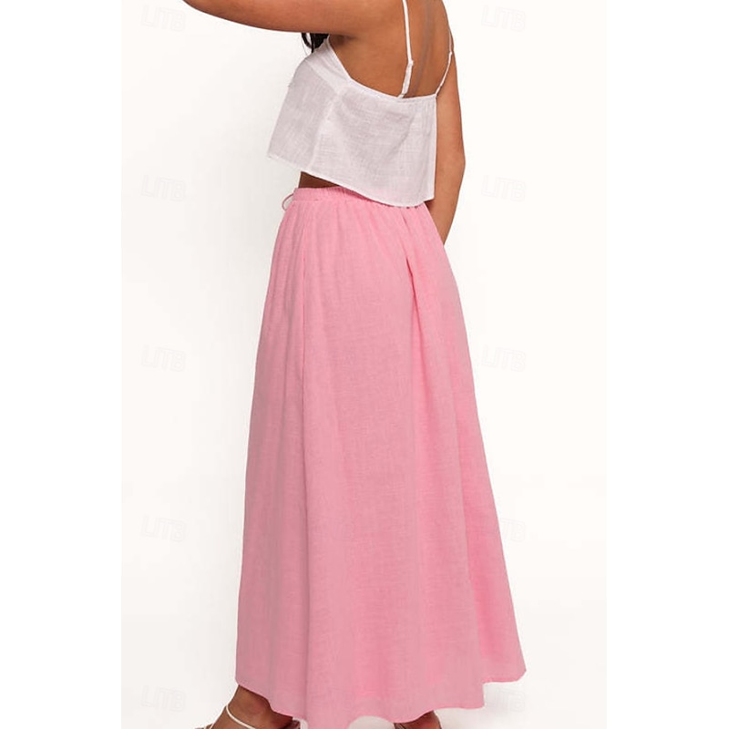 Women's Linen-Inspired Skirts Casual Maxi Mid Rise Plain Drawstring Micro-elastic Vacation Street White Pink Summer Cotton4