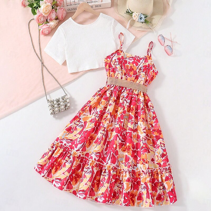 2 Pieces Kids Girls' Cartoon Dress Suits Set Short Sleeve Daily School 7-13 Years Summer Red2