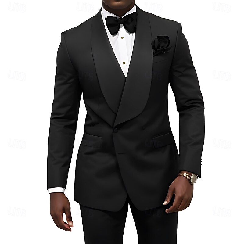 Men's Wedding Prom Party Suits Black Formal Solid Colored Standard Fit 2 Piece Single Breasted Two-buttons2