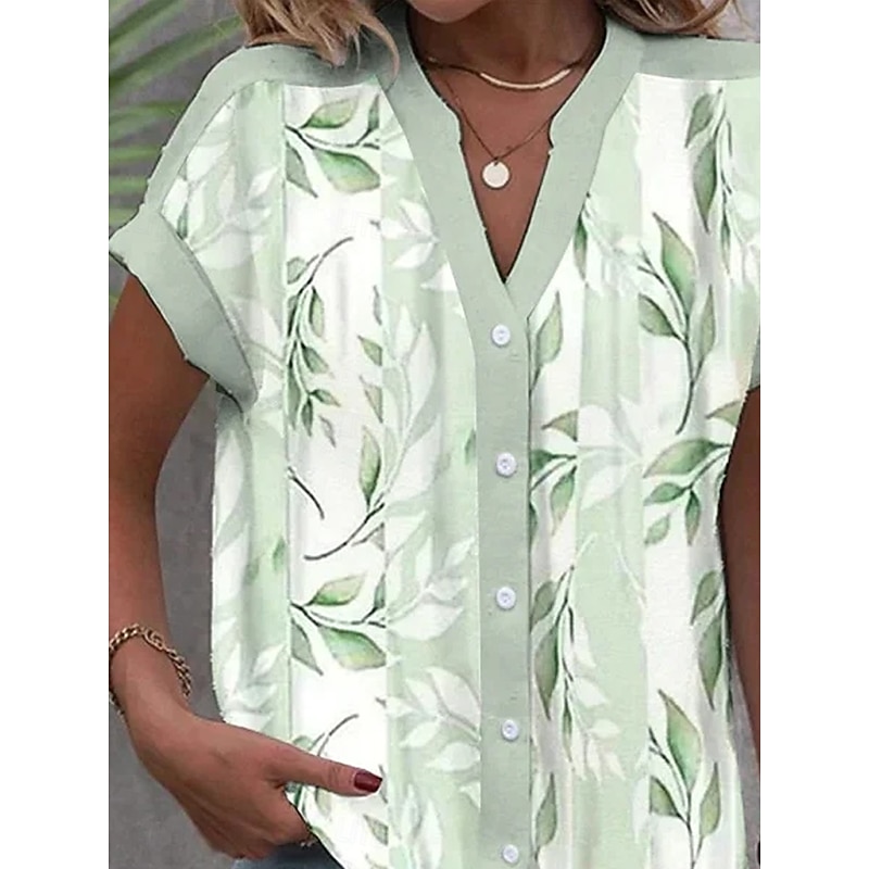 Women's Shirt V Neck Button Down Blouse Summer Tops Floral Graphic Striped Daily Stylish Short Sleeve Shirt Collar Regular Tops Daily Buttons Print Light Green Summer Spring2