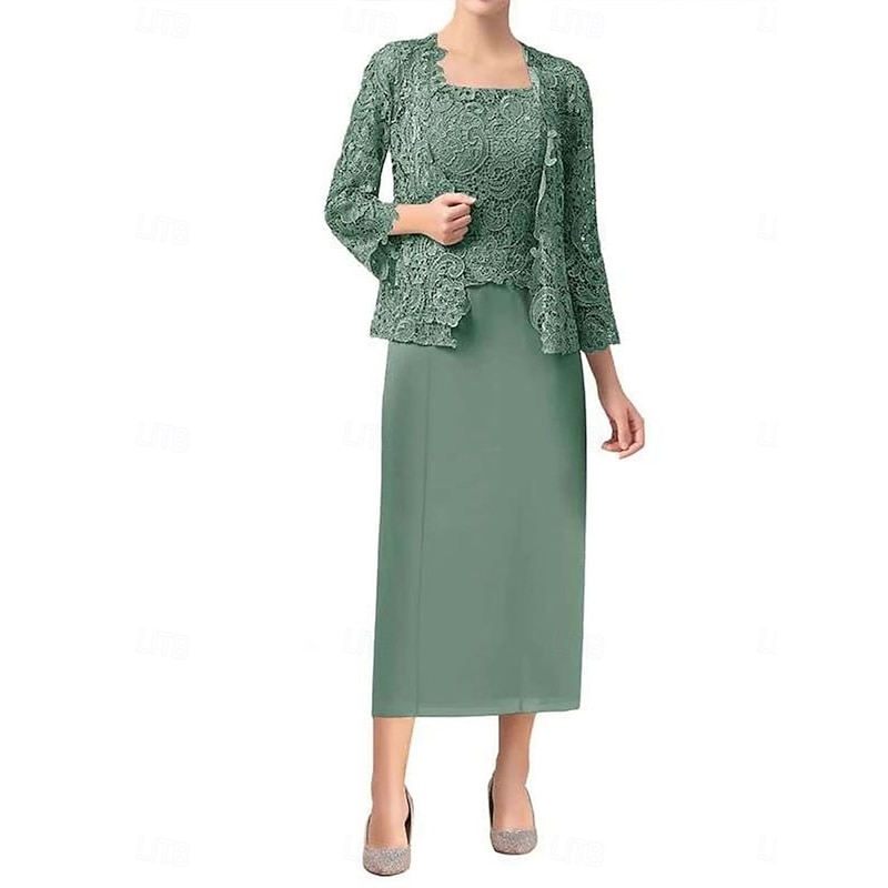 Dress Sets Mother of the Bride Dress Wedding Guest Elegant Simple Scoop Neck Floor Length Polyester Long Sleeve with Solid Color2