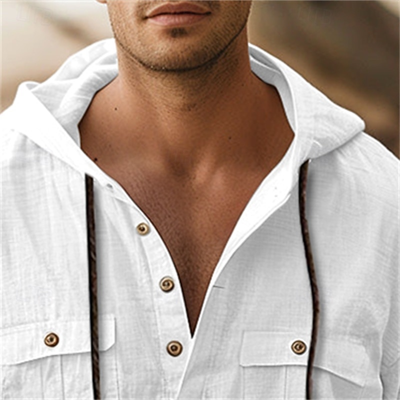 Men's Shirt Linen Shirt Summer Shirt Beach Shirt Hooded Shirt Plain Casual Daily Black White Brown Khaki Long Sleeve Hooded Spring & Summer Clothing Apparel3
