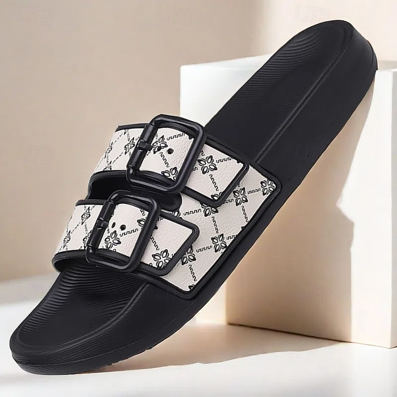Men's Black Slides with Decorative Buckle Detail - Comfortable and Trendy Footwear for Daily Wear