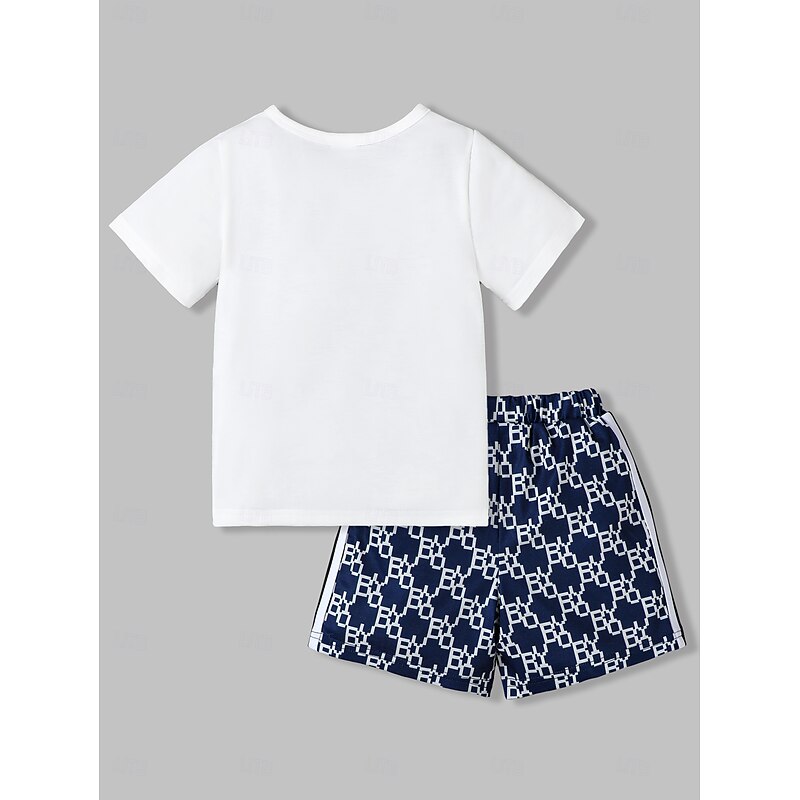 2 Pieces Toddler Boys T-shirt & Shorts Outfit Graphic Geometric Short Sleeve Patchwork Set School Fashion Daily Summer 4-7 Years White2