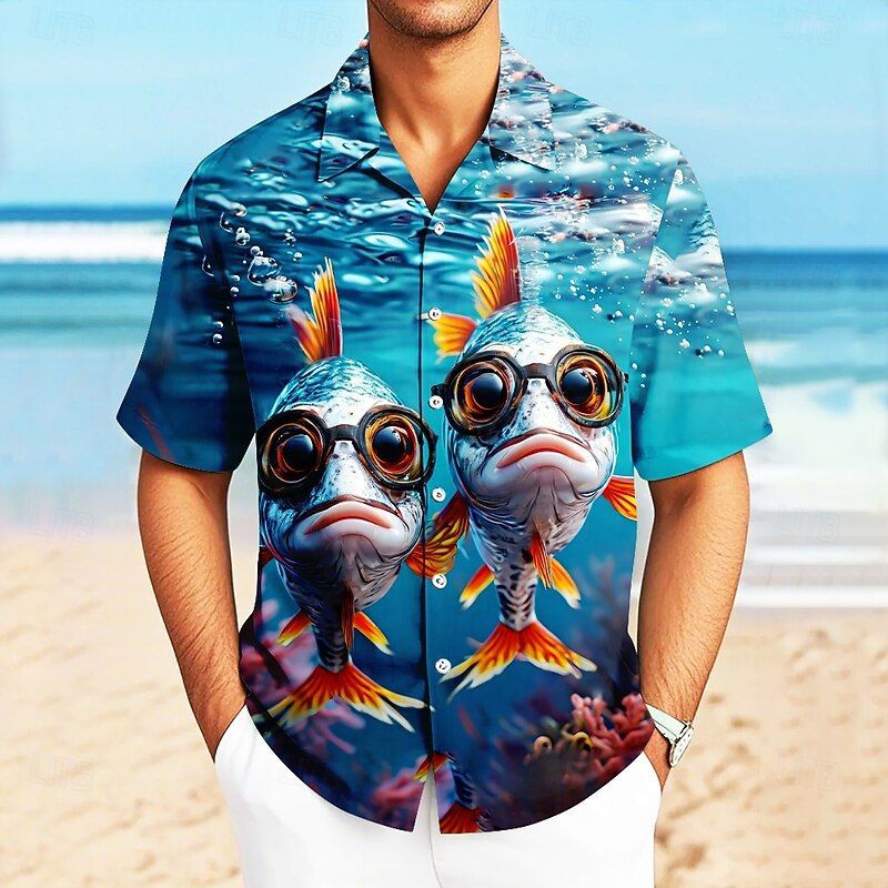 Men's Fish Funny Sea Creatures Shirt Cuban Collar Shirt Summer Hawaiian Shirt Short Sleeve Hawaiian Resort Vacation Holiday Beach Wear Summer Spring Camp Collar Shirt 3D Print Blue