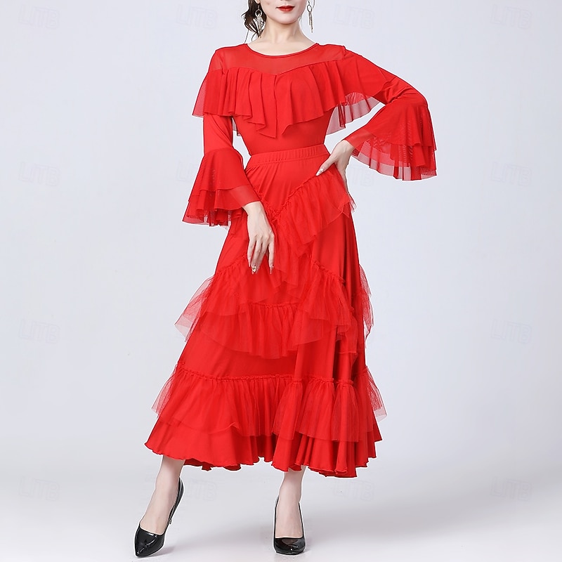 Latin Dance Skirts Pure Color Splicing Tulle Women's Performance Training Long Sleeve High Polyester3