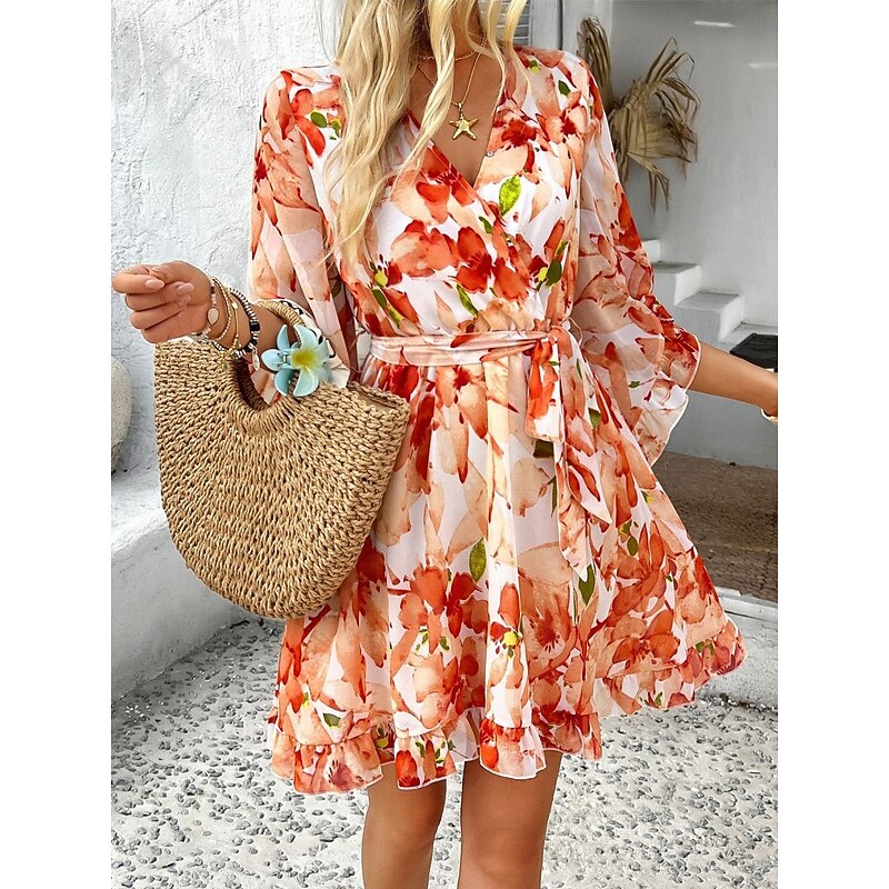 Women's Mini Dress Petite Dress Casual Dress Floral Dress Summer Dress Slip Dress Fashion Modern Daily Beach Weekend Regular Fit Floral 3/4 Length Sleeve V Neck Black Yellow Orange Green Summer4