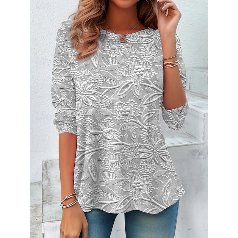 Women's T shirt Long Sleeve Top 3D Print Floral Casual Regular Tops Daily Print Silver Pink Sky Blue Khaki Spring Fall Prefall4
