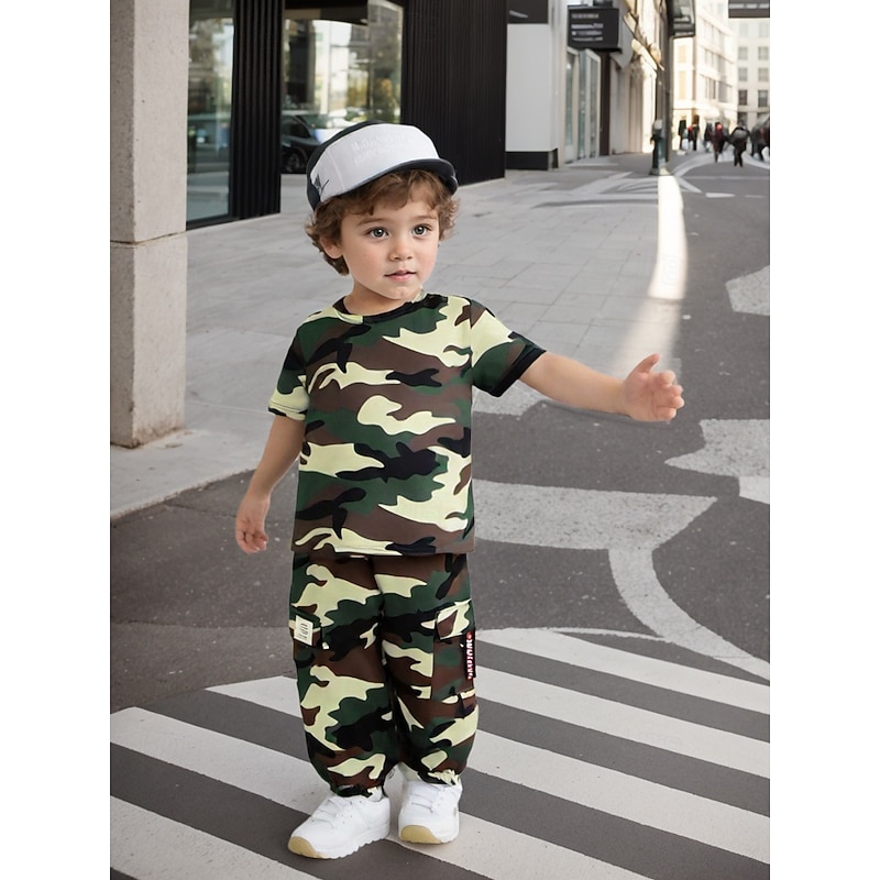 2 Pieces Toddler Boys T-shirt & Shorts Outfit Camo Short Sleeve Crewneck Set School Fashion Daily Summer 4-7 Years Army Green
