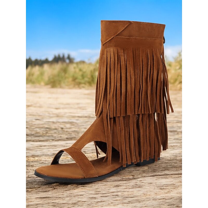 Women's Boho Fringe Gladiator Sandals – Open-Toe Flat Sandals with Tassel Detailing for Summer Beachwear, Festivals, and Casual Outfits - Main Image
