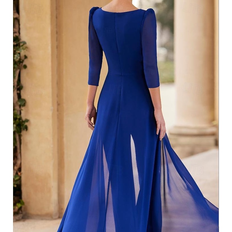 Jumpsuit Mother of the Bride Formal Wedding Guest Elegant Straight Neckline V Neck Floor Length Chiffon 3/4 Length Sleeve with Ruched Cascading Ruffles4