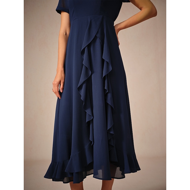 Women's Maxi Dress A Line Dress Elegant Formal Wedding Wedding Guest Loose Fit Solid Color Short Sleeve Asymmetrical V Neck Navy Blue Summer Spring3