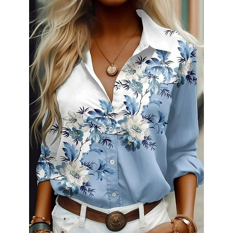 Women's Shirt Button Down Tunic Shirt Collar Long Sleeve Floral Graphic Casual Regular Tops Work Daily s Print Pink Blue Green Spring Fall Winter2