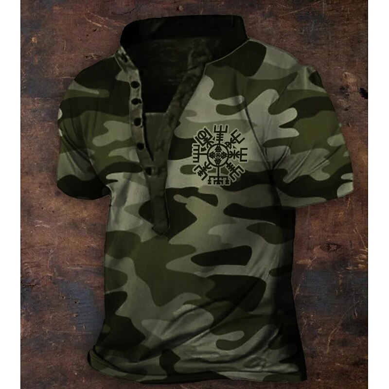 Men's Camouflage T Shirt Henley Shirt Tee Short Sleeve Designer Basic Classic Outdoor Daily Sports Summer Dark Brown Blue Green Henley Henley T-Shirt2