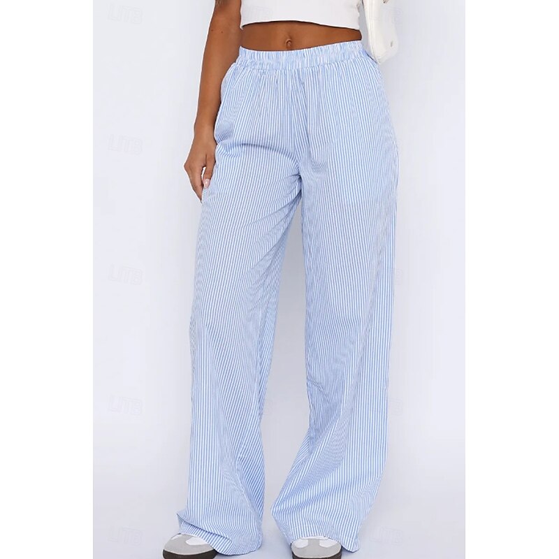 Women's Wide Leg Slacks Fashion Streetwear Full Length Natural Striped Pocket Elastic Waist Comfy Comfortable Street Going out Pink Blue Summer Regular Fit3