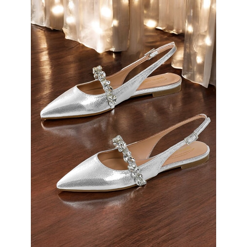 Women's Silver Rhinestone Pointed Toe Flats – Elegant Slingback Bridal & Evening Shoes4