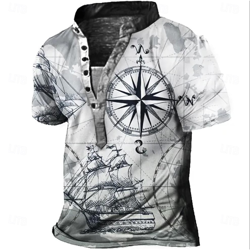 Men's Compass T Shirt Henley Shirt Tee Short Sleeve Designer Vintage Style Basic Daily Summer Blue Light Gray Khaki Henley Henley T-Shirt2