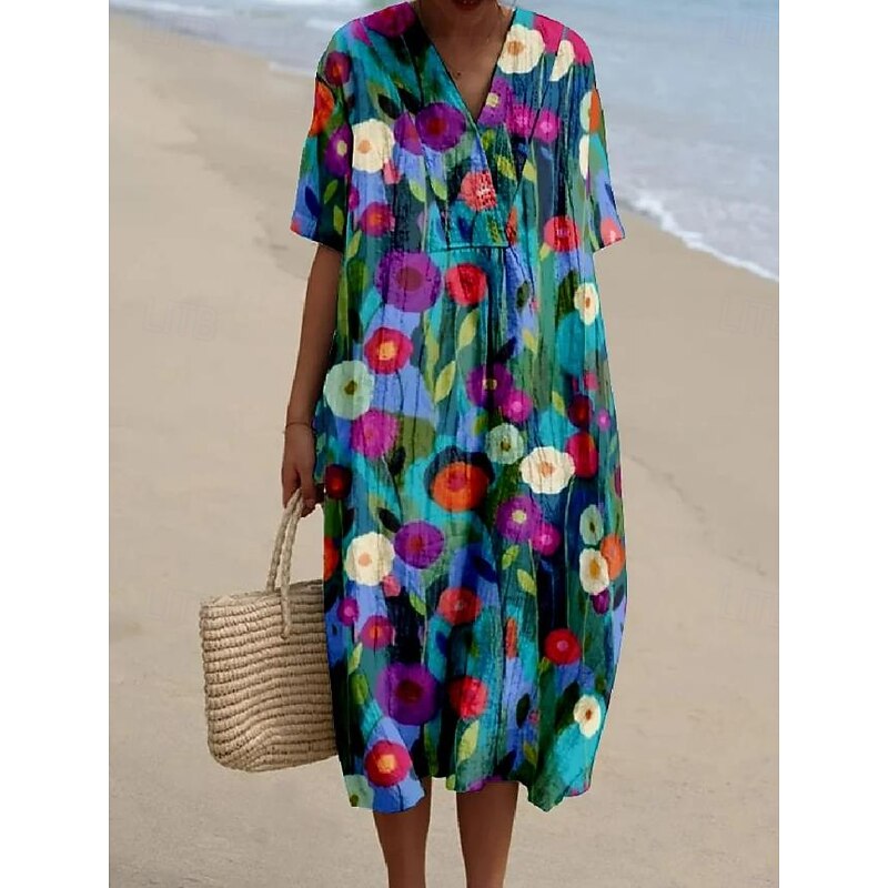 Women's Midi Dress Sundress A Line Dress Linen Vacation Casual Beach Going out Loose Fit Floral Graphic Short Sleeve V Neck Yellow Blue SummerBeach