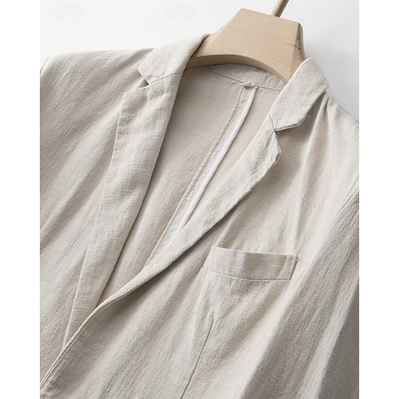 Men's Linen Blazer Blazer Vacation Holiday Wedding Party Fashion Lightweight Spring &  Fall Polyester Linen Plain Pocket Buttons Comfortable Single Breasted One-button Blazer Black Burgundy Dark Navy3