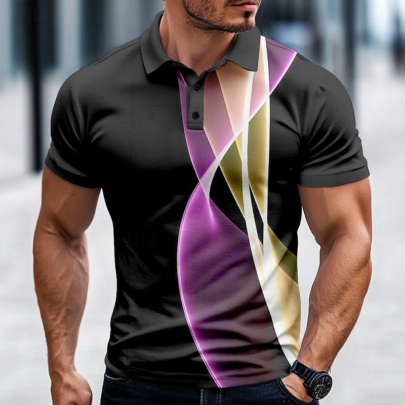 Men's Geometic Line Polo Short Sleeve Polo Shirts Collared Shirts Casual School Outdoor Daily Wear Home Wear 3D Print Summer Spring Fall Yellow Blue Purple