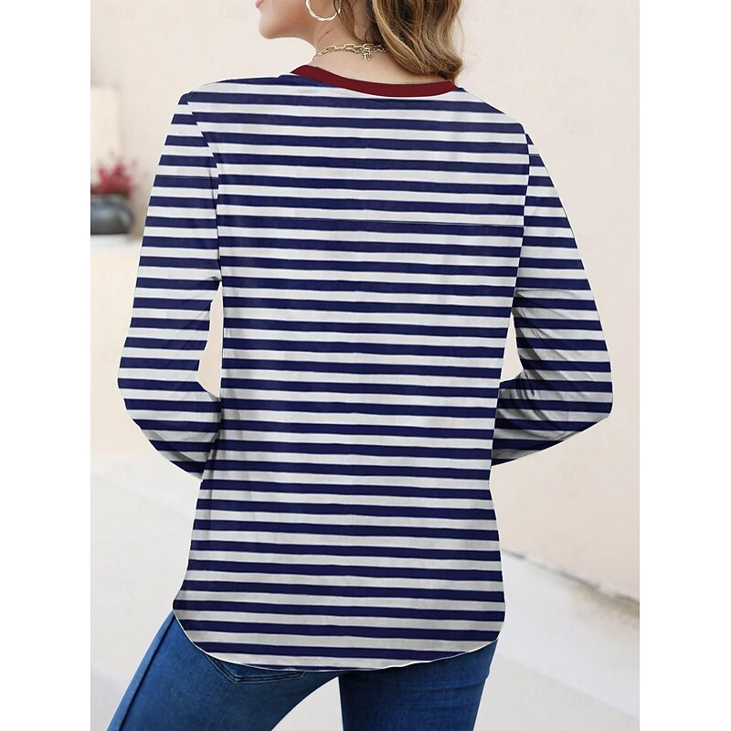 Women's T shirt Crew Neck Long Sleeve Tunic Graphic Striped Elegant Vintage  Regular Tops Daily Going out Weekend Print Blue2