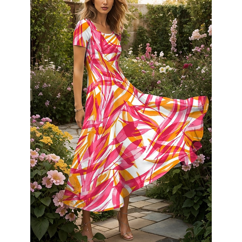 Women's Maxi Dress Casual Dress A Line Dress Summer Dress Vacation Vintage Ethnic Regular Fit Graphic Leaf Geometric Short Sleeve Square Neck Yellow Red Blue Purple Summer Spring