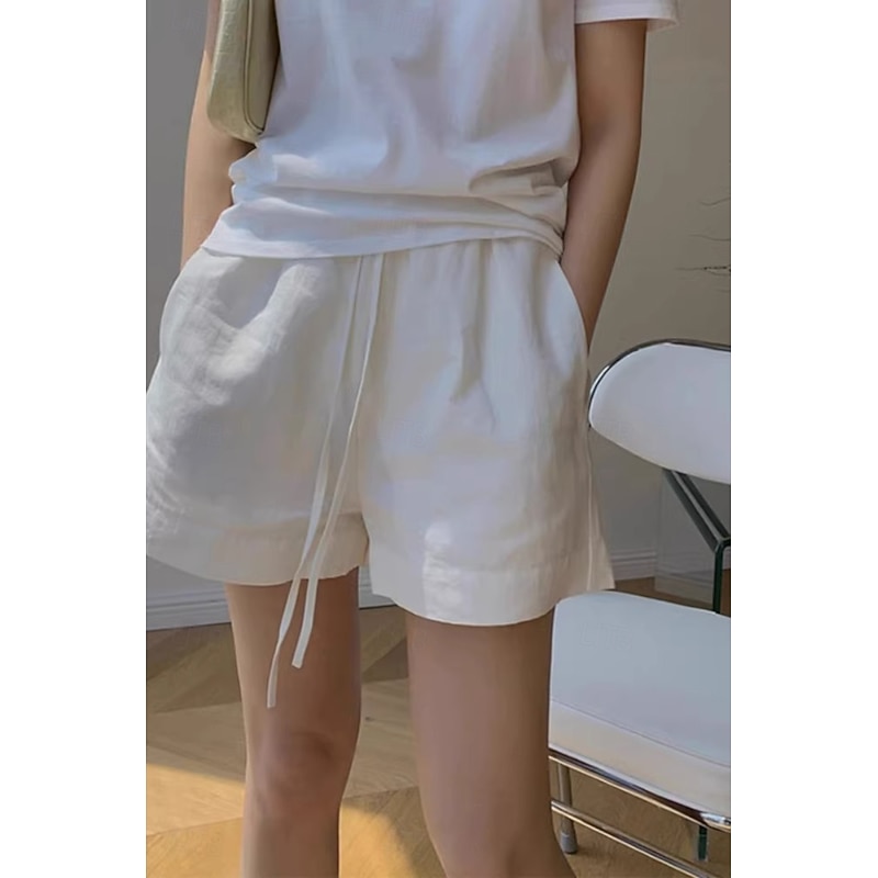 Women's Cotton Linen Shorts Shorts Slacks Streetwear Casual Short Natural Plain Pocket Elastic Drawstring Design Breathability Soft Comfortable Micro-elastic Casual Daily Wear White Summer Regular Fit - Main Image