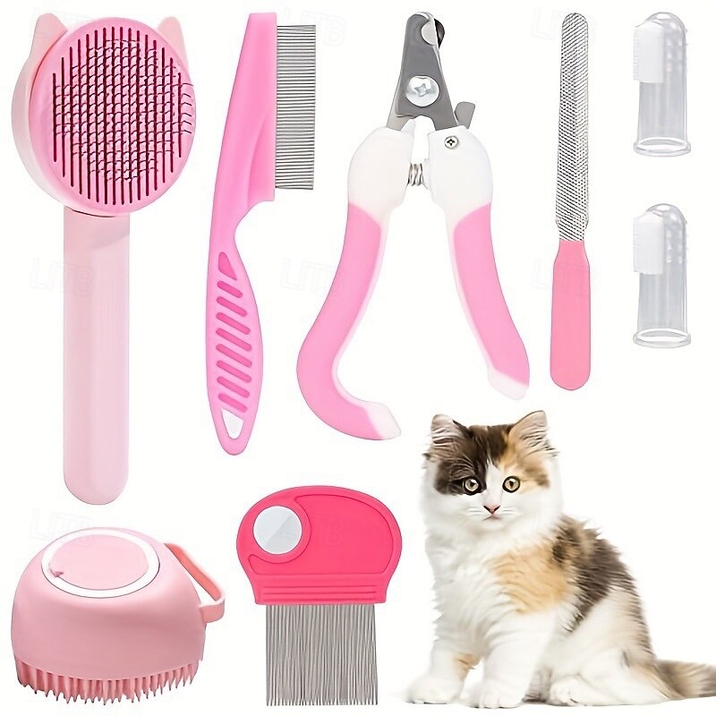 7pcs/set Cat And Dog Brush Grooming Set Pet Self Cleaning Brush With Pet Nail Clipper And File Flea Dog Comb Pet Bath Brush Pet Finger Toothbrush