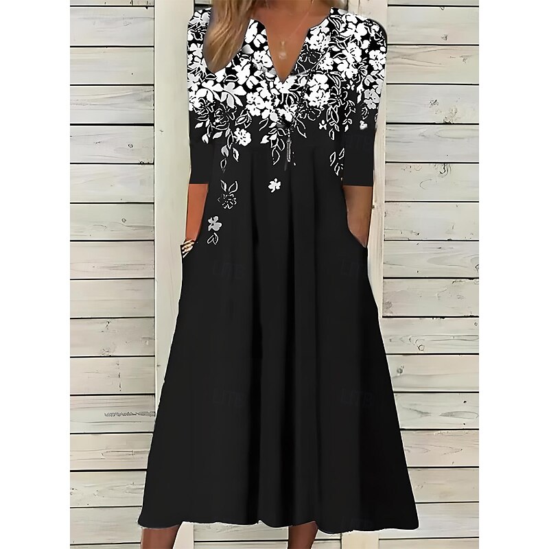 Women's Midi Dress Black Dress A Line Dress Vacation Vintage Boho Vacation Casual Daily Regular Fit Floral Half Sleeve Split Neck Black Summer Spring