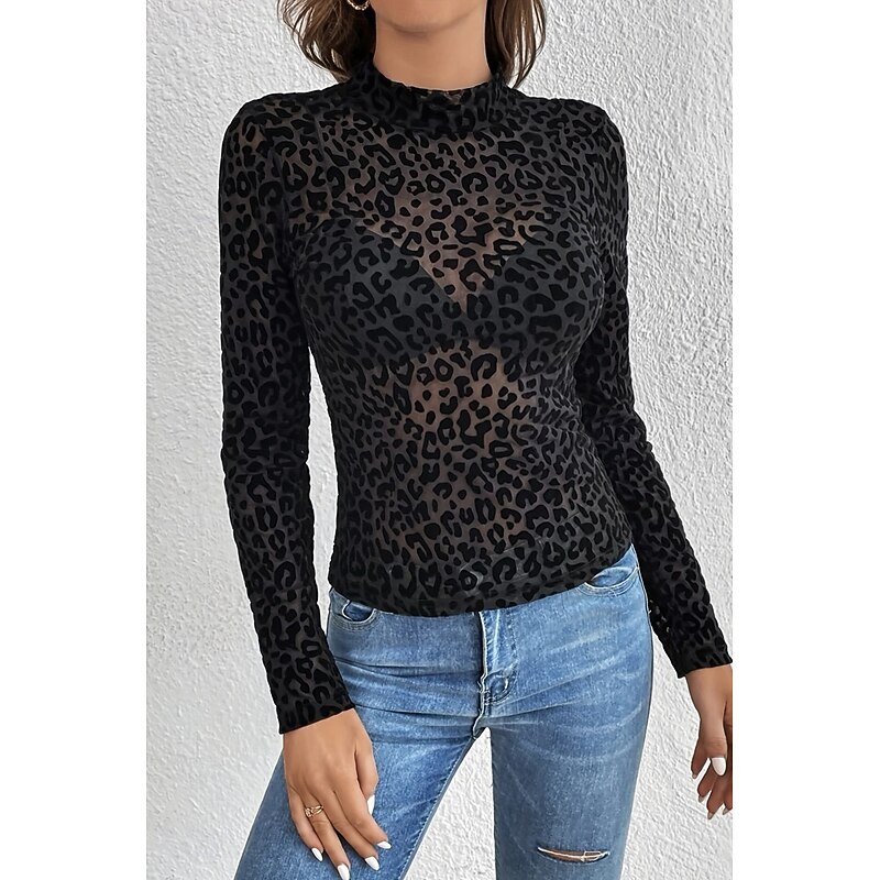 Women's Shirt Blouse Leopard Stylish Modern Long Sleeve High Neck Regular Tops Daily Holiday Mesh Black Summer4