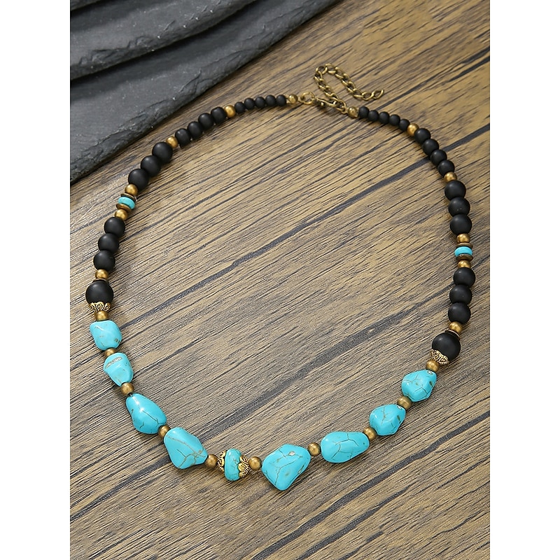 Handmade Natural Stone Beaded Necklace for Men – Vintage Boho Style Turquoise & Black Agate Choker, Tribal Jewelry for Beach, Travel & Casual Wear3