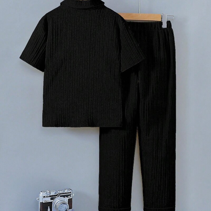 2 Pieces Kids Boys Clothing Set Outfit Solid Color Short Sleeve Set School Fashion Daily Summer 7-13 Years Black4
