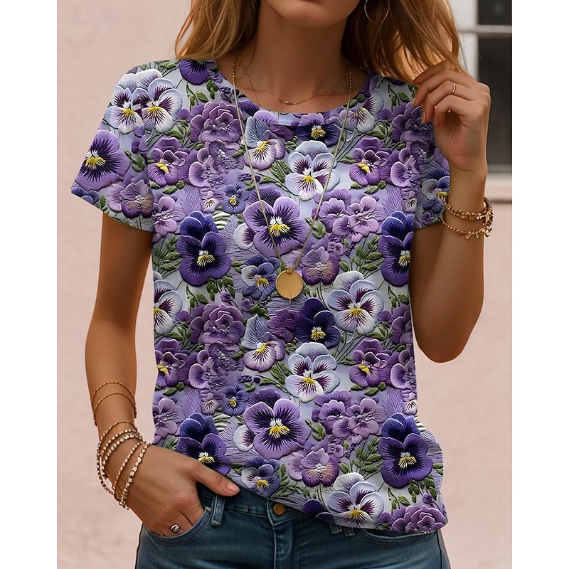 Women's T Shirt Floral Casual Short Sleeve Round Neck Regular Tops Daily Print White Yellow Pink Purple Green Summer4